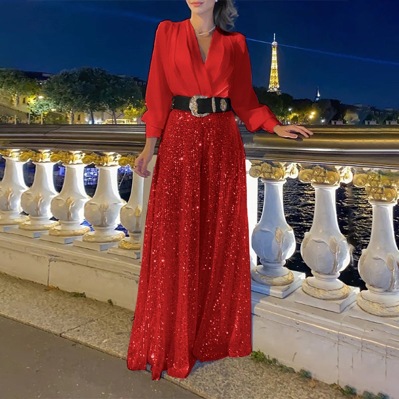 Cross-border European and American new fashion V-neck long-sleeved shirt elegant waist slimming sequined wide-leg pants-with belt - Image 5