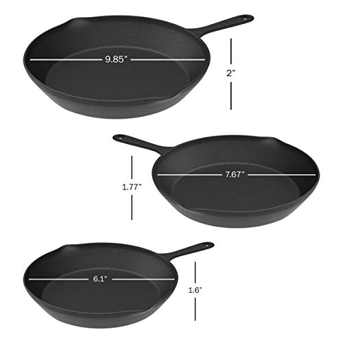 Home-Complete Frying Pans - Set of 3 Pre-Seasoned Cast Iron Skillets with 10-Inch, 8-Inch, and 6-Inch Sizes - Nonstick Camping Cookware by Home-Complete (Black) - Image 2