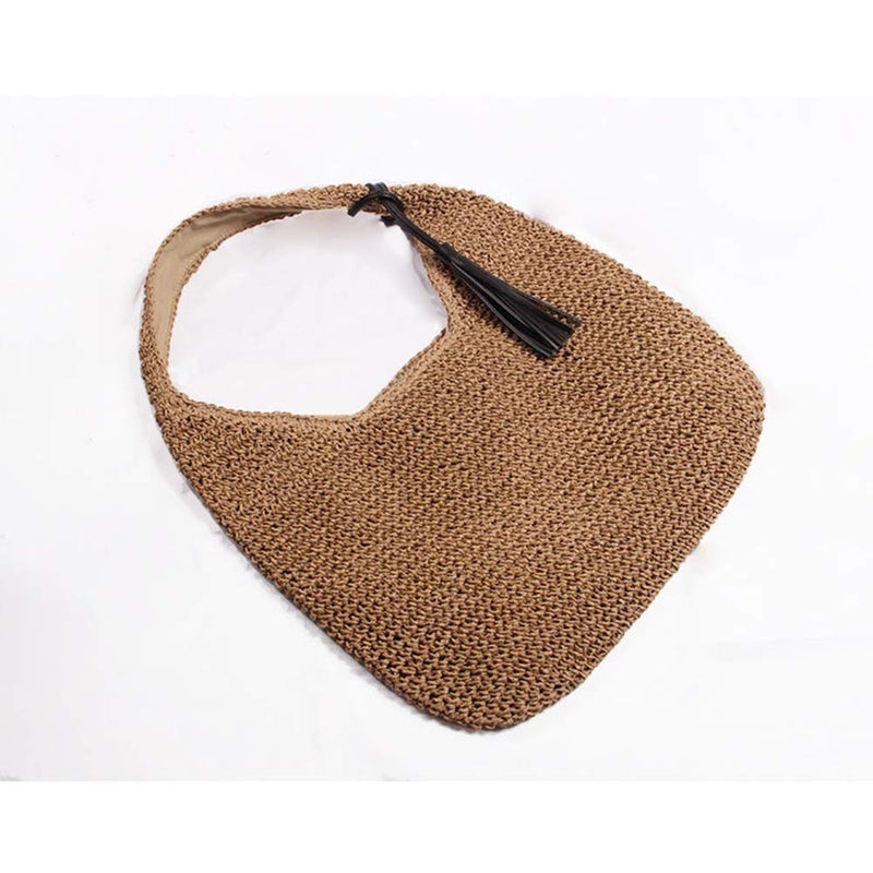 QTKJ Hand-woven Soft Large Straw Shoulder Bag with Black Tassels Boho Straw Handle Tote Retro Summer Beach Bag Rattan Handbag (Brown) - Image 4