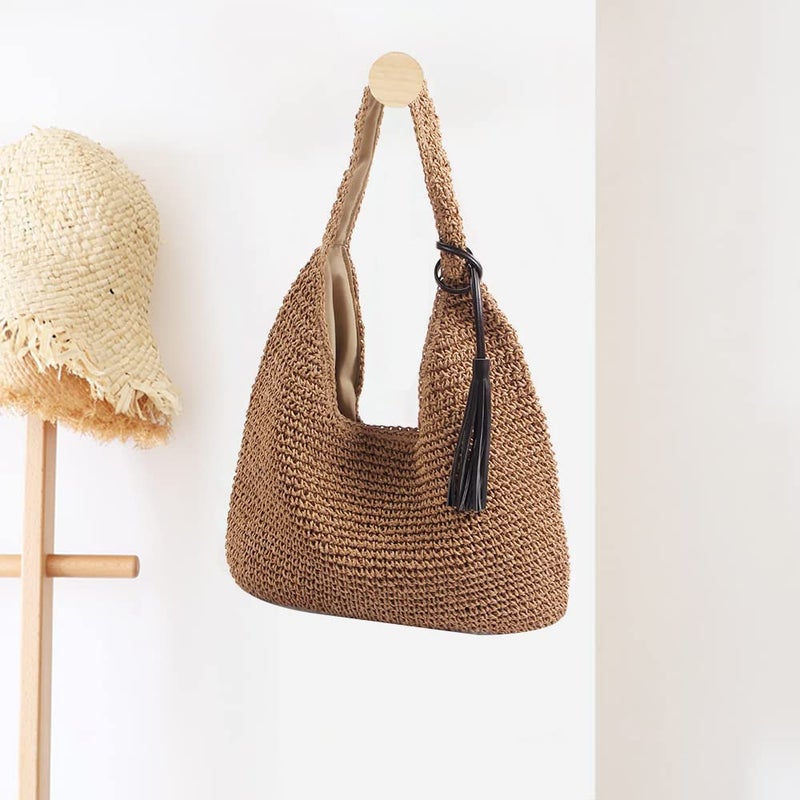 QTKJ Hand-woven Soft Large Straw Shoulder Bag with Black Tassels Boho Straw Handle Tote Retro Summer Beach Bag Rattan Handbag (Brown) - Image 3
