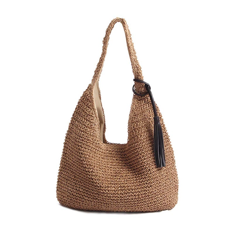 QTKJ Hand-woven Soft Large Straw Shoulder Bag with Black Tassels Boho Straw Handle Tote Retro Summer Beach Bag Rattan Handbag (Brown) - Image 1
