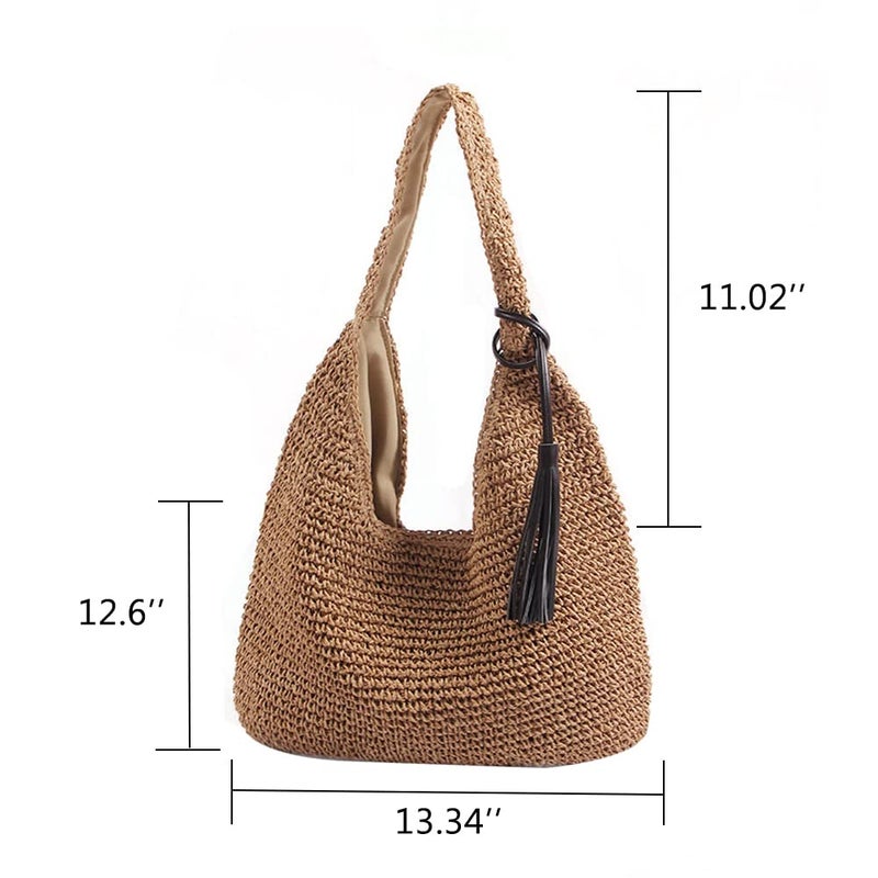 QTKJ Hand-woven Soft Large Straw Shoulder Bag with Black Tassels Boho Straw Handle Tote Retro Summer Beach Bag Rattan Handbag (Brown) - Image 5