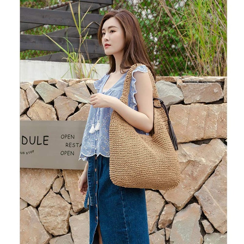 QTKJ Hand-woven Soft Large Straw Shoulder Bag with Black Tassels Boho Straw Handle Tote Retro Summer Beach Bag Rattan Handbag (Brown) - Image 2