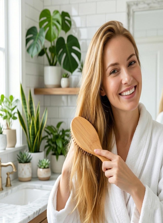 KFHENSOMR 3Pcs Bamboo Hair Brush Set, Natural Wooden Paddle Brush with Bamboo Bristles for Detangling Smoothing, Scalp Massage Hairbrush for All Hair Types Women Men - Image 4