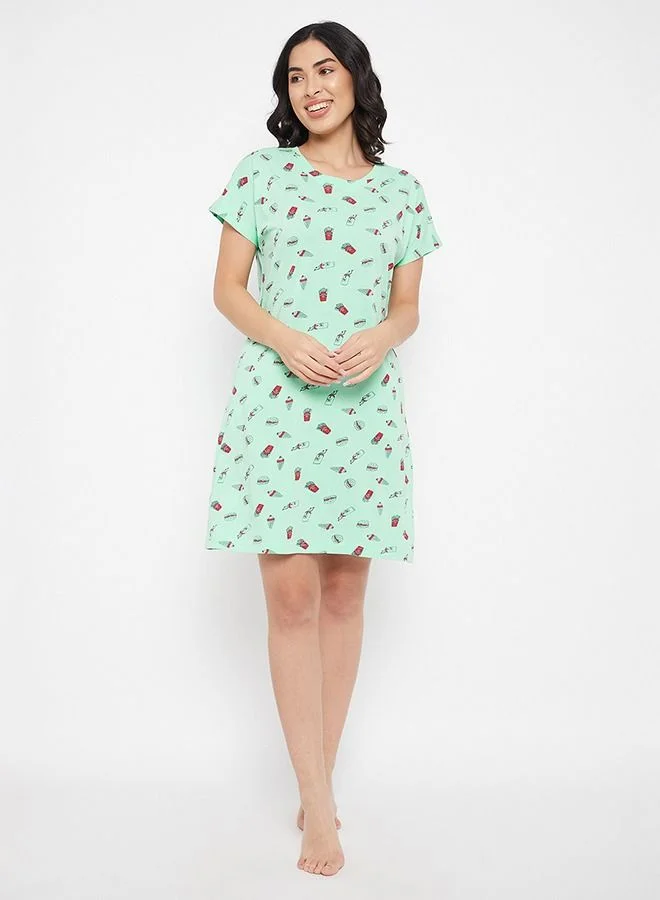كلوفيا Clovia Print Me Pretty Short Night Dress in Mint Green - Cotton Rich