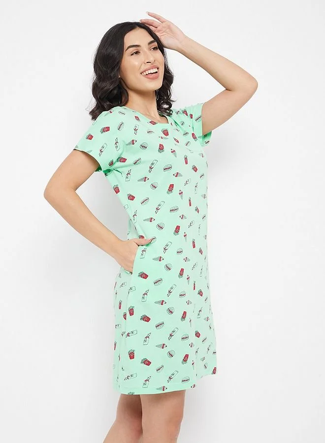 Clovia  Clovia Print Me Pretty Short Night Dress in Mint Green - Cotton Rich for Women | Best Price UAE