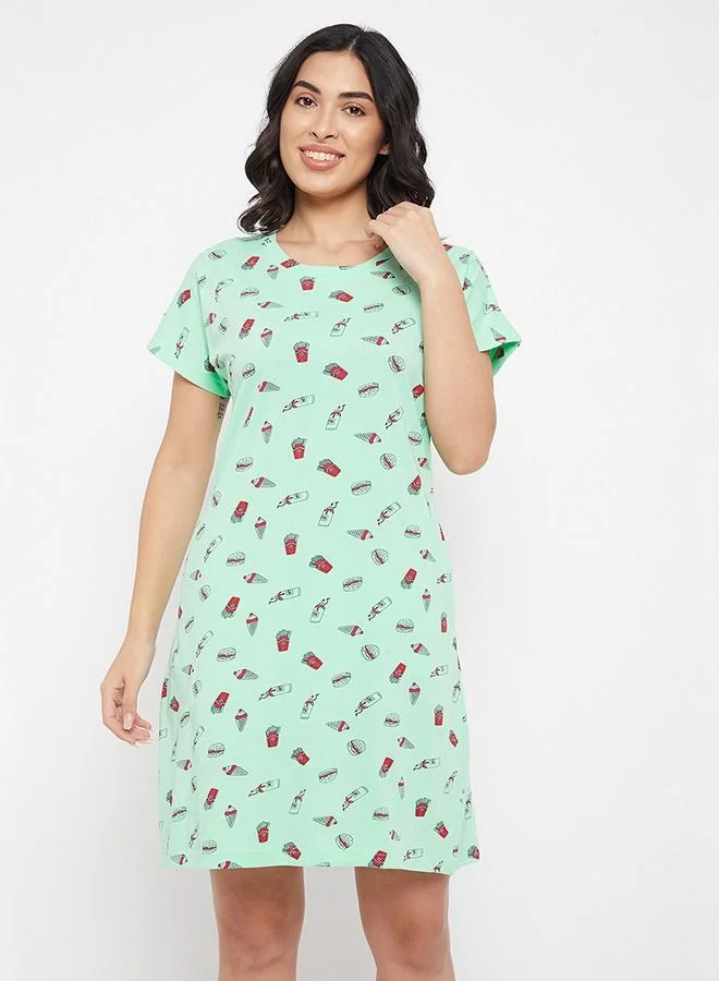 كلوفيا Clovia Print Me Pretty Short Night Dress in Mint Green - Cotton Rich