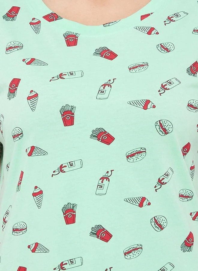 Clovia  Clovia Print Me Pretty Short Night Dress in Mint Green - Cotton Rich for Women | Best Price UAE