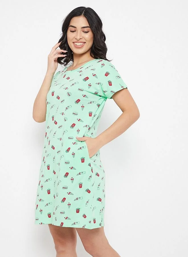 Clovia  Clovia Print Me Pretty Short Night Dress in Mint Green - Cotton Rich for Women | Best Price UAE