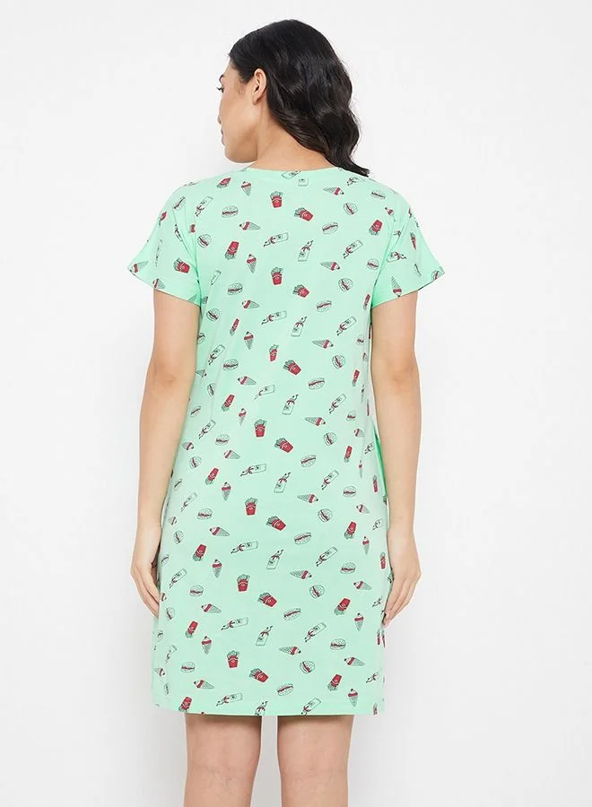 Clovia  Clovia Print Me Pretty Short Night Dress in Mint Green - Cotton Rich for Women | Best Price UAE