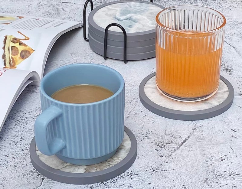 MECOWON Absorbent Coasters for Drinks with Holder - 6packs  Silicone Coasters with Soft Felt Insert (4.3 inch Coasters with 4.5 inch Holder  Marble Style) - Image 3