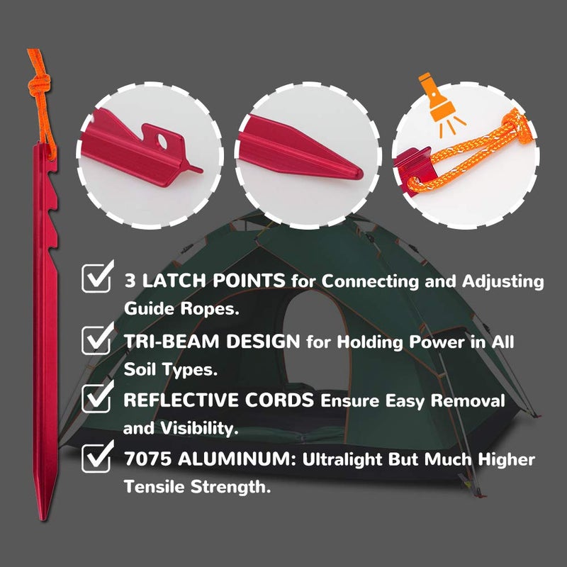 AnyGear 7075 Aluminum Tent Stakes 15 Pack - Ultralight Tri-Beam Tent Pegs with Reflective Rope - Essential Tent Accessories for Camping, Rain Tarps, Hiking, Backpacking - Image 3