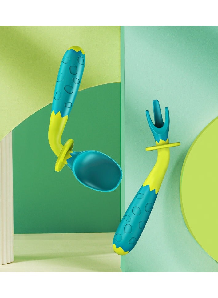 أطفال الهوغوز شوكة الأطفال المقوسة وشوكة الملعقة ونصائح الملعقة تدريب مرن مع صندوق التخزين (أخضر) - Image 1