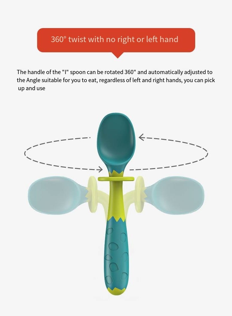 أطفال الهوغوز شوكة الأطفال المقوسة وشوكة الملعقة ونصائح الملعقة تدريب مرن مع صندوق التخزين (أخضر) - Image 4