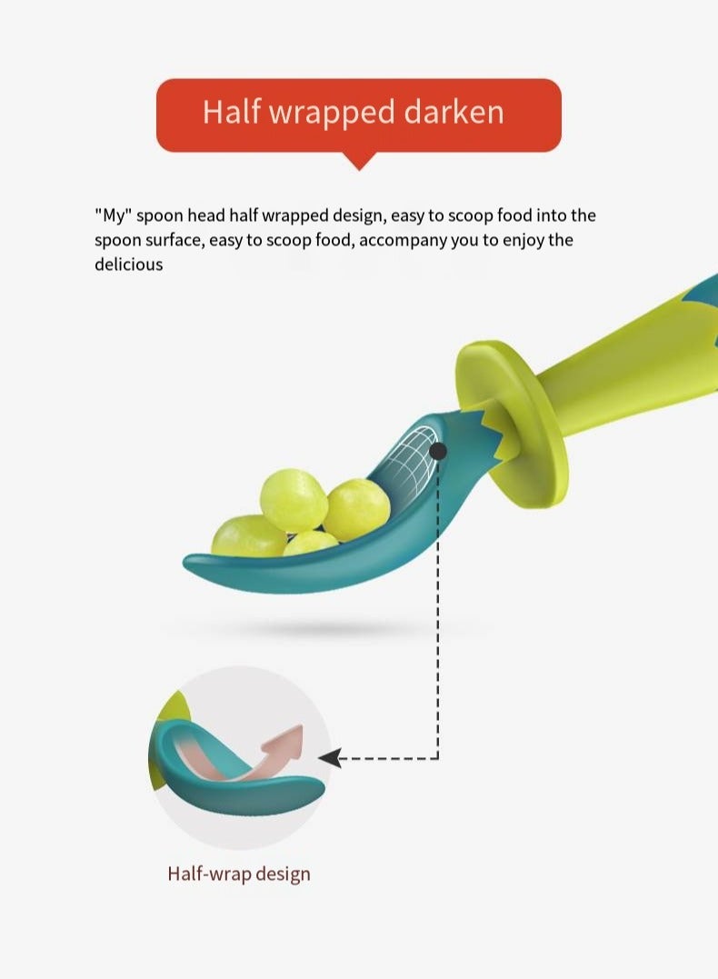 أطفال الهوغوز شوكة الأطفال المقوسة وشوكة الملعقة ونصائح الملعقة تدريب مرن مع صندوق التخزين (أخضر) - Image 5