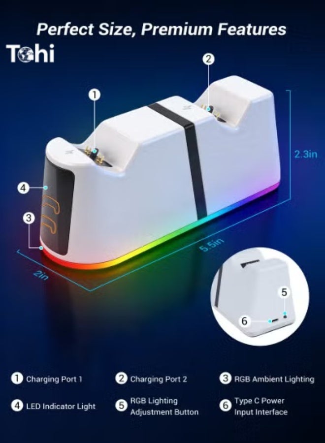 Tohi PS5 Controller Charger Station Compatible with DualSense & Edge Controllers, PS5 Charging Station with LED Indicator, Dual Remote Charger Stand for PlayStation 5 - Image 2