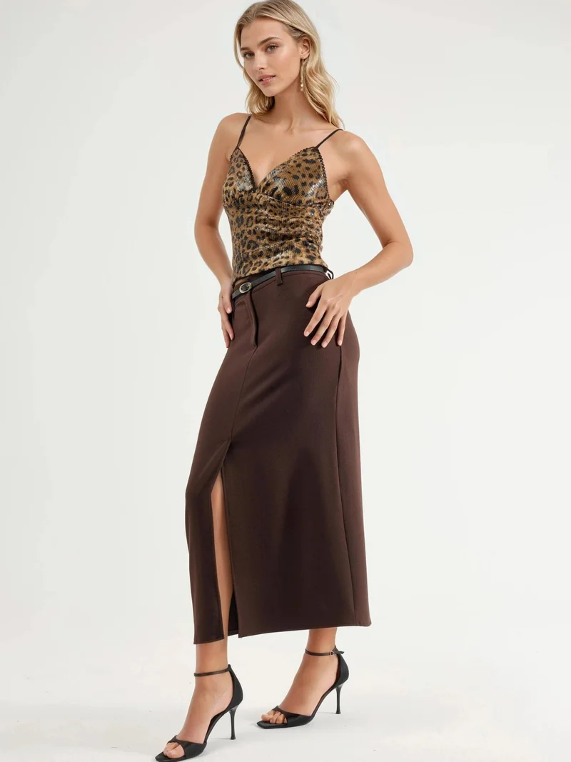 Qustyle QU STYLE Belted Midi Skirt with Slit