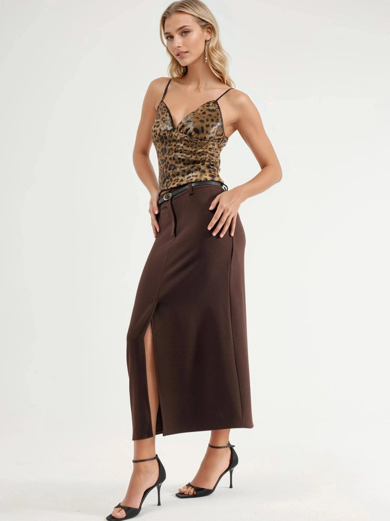Qustyle QU STYLE Belted Midi Skirt with Slit - Image 2
