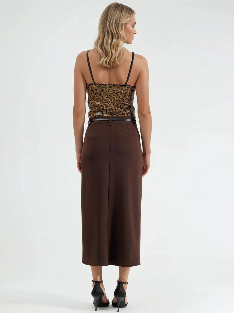 Qustyle QU STYLE Belted Midi Skirt with Slit - Image 3
