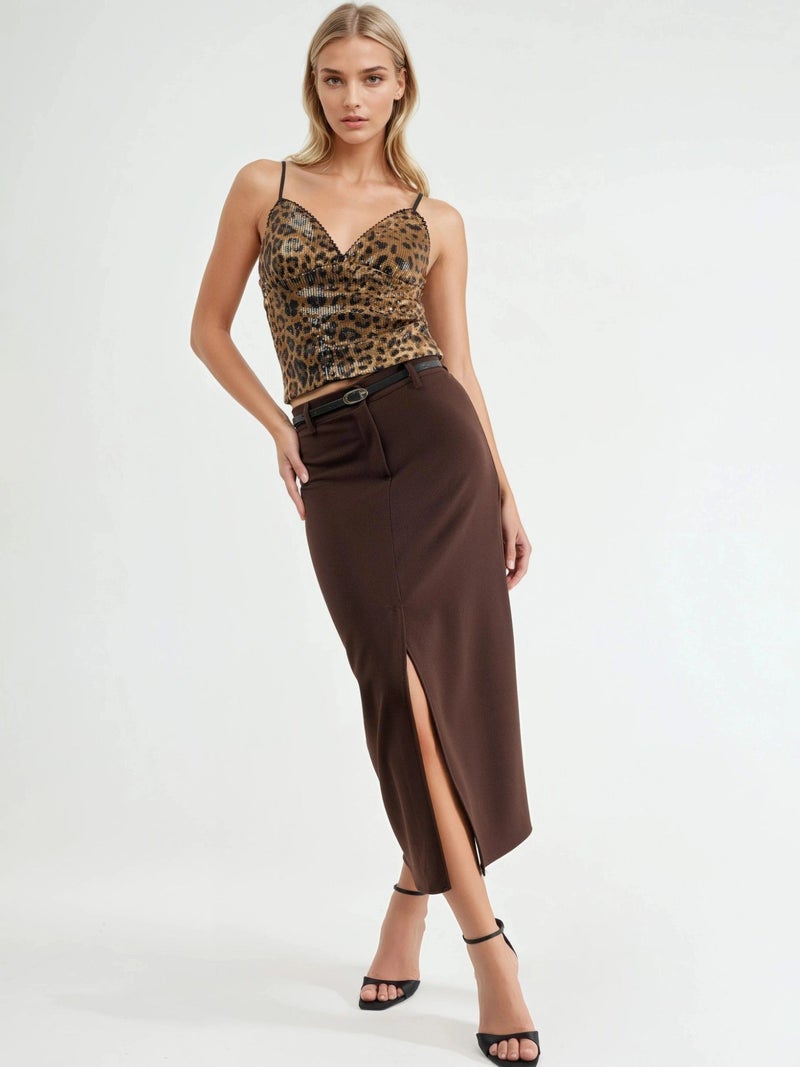Qustyle QU STYLE Belted Midi Skirt with Slit - Image 4