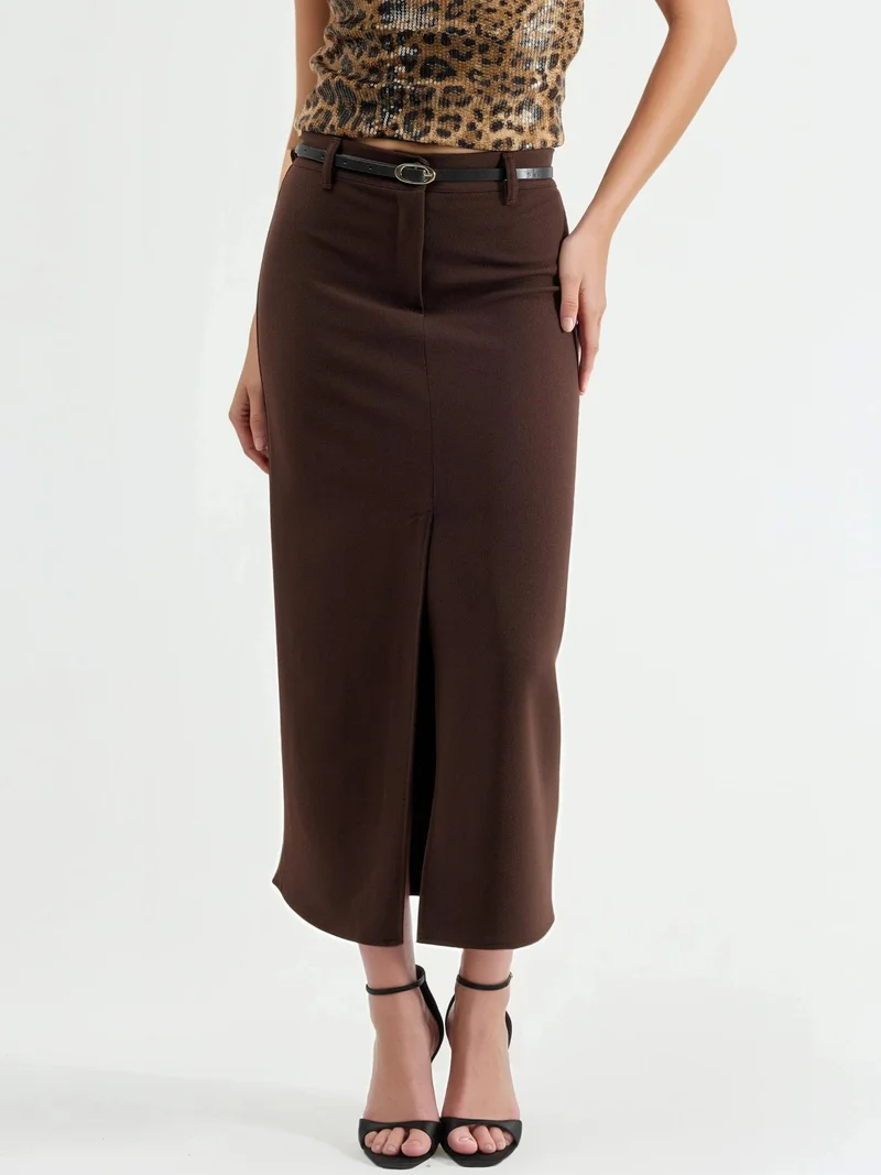 Qustyle QU STYLE Belted Midi Skirt with Slit