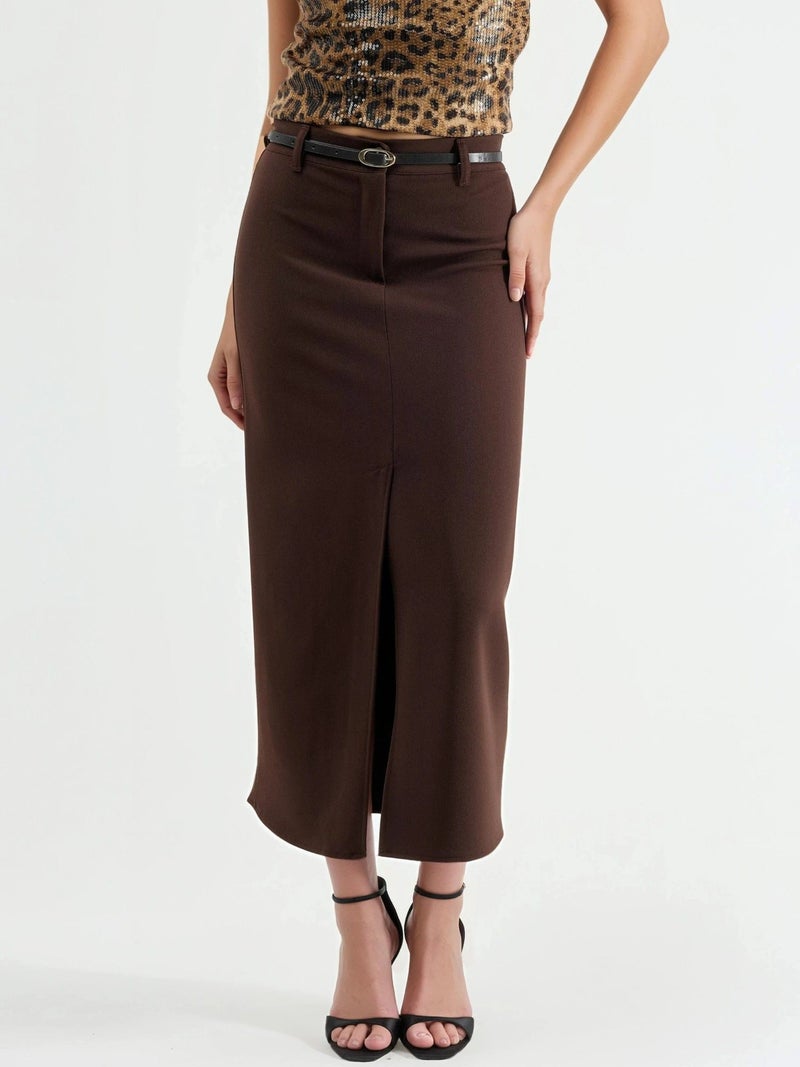 Qustyle QU STYLE Belted Midi Skirt with Slit - Image 1