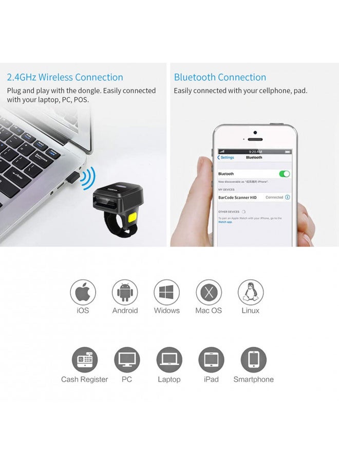 symcode - Symcode 2D Bluetooth Wireless QR Barcode Scanner,Portable Ring Wearable Finger 1D 2D Mini Bar Code Reader Scanner Suppot Screen Scanning with Bluetooth & 2.4GHz Wireless & Wired Connection Scanner - Image 1