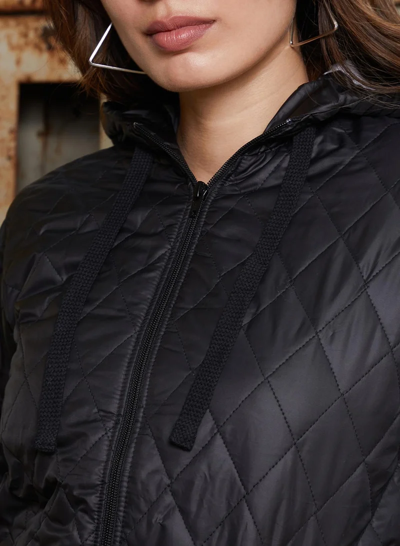 Pinacolada  Women's Onyx Black Rhombus-Quilted Bomber Jacket for Women | Best Price UAE
