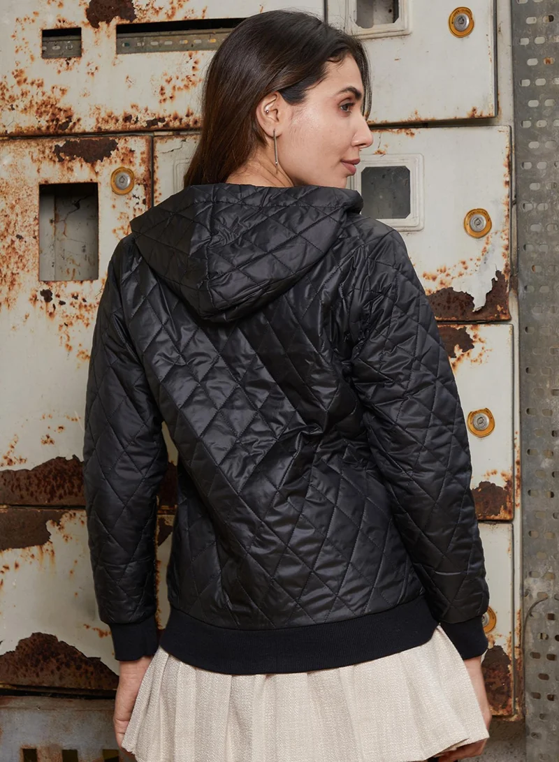 Pinacolada  Women's Onyx Black Rhombus-Quilted Bomber Jacket for Women | Best Price UAE