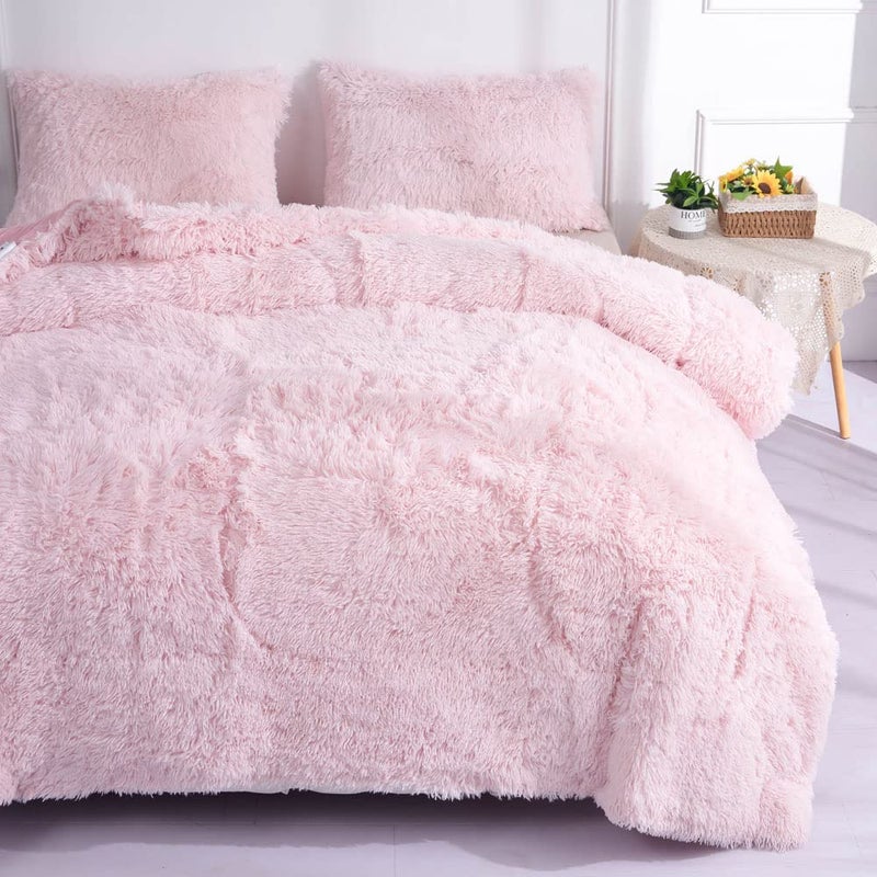 chovy Faux Fur Plush Light Pink Comforter Sets Full/Queen - Ultra Soft Shaggy Flannel Velvet Fluffy Fuzzy 3PC Bedding Set (Comforter x 1 Pillowcases x 2) - Image 2