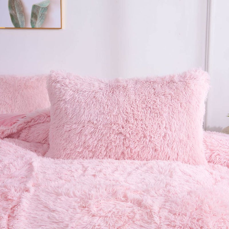chovy Faux Fur Plush Light Pink Comforter Sets Full/Queen - Ultra Soft Shaggy Flannel Velvet Fluffy Fuzzy 3PC Bedding Set (Comforter x 1 Pillowcases x 2) - Image 3