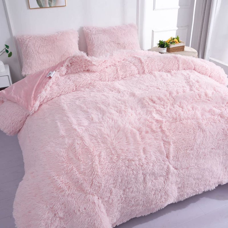 chovy Faux Fur Plush Light Pink Comforter Sets Full/Queen - Ultra Soft Shaggy Flannel Velvet Fluffy Fuzzy 3PC Bedding Set (Comforter x 1 Pillowcases x 2) - Image 4