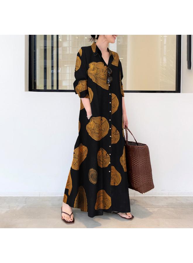 Large Size Women's Clothing Muslim Cotton And Linen Printing Long Sleeve Simple Loose Casual Long Shirt And Korean Style Dress 