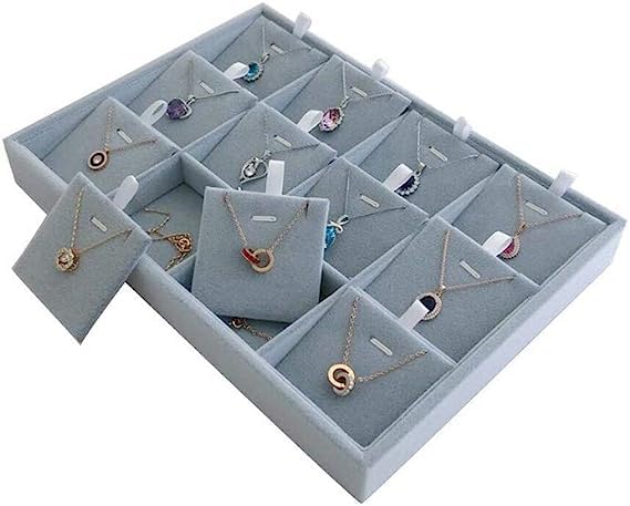 DOOR STEP SHOPPING 12 Slot Pendent Earring Card Tray Grey Velvet Jewellery Drawer Organizer Tray Stackable - Image 4