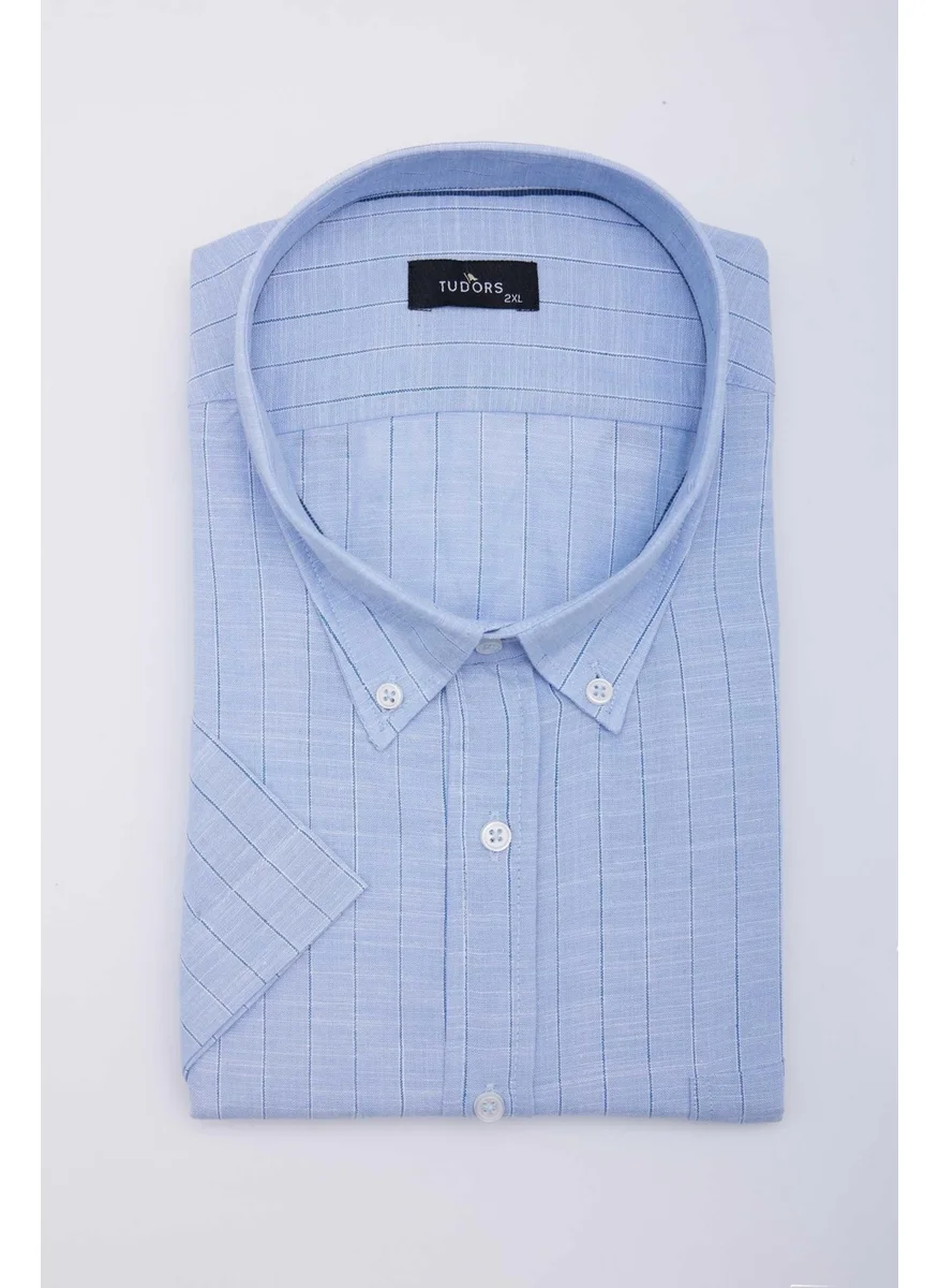 Tudors Tudors Large Size Oversize Short Sleeve Striped Button Collar Single Pocket Linen Effect Summer Blue Men's Shirt