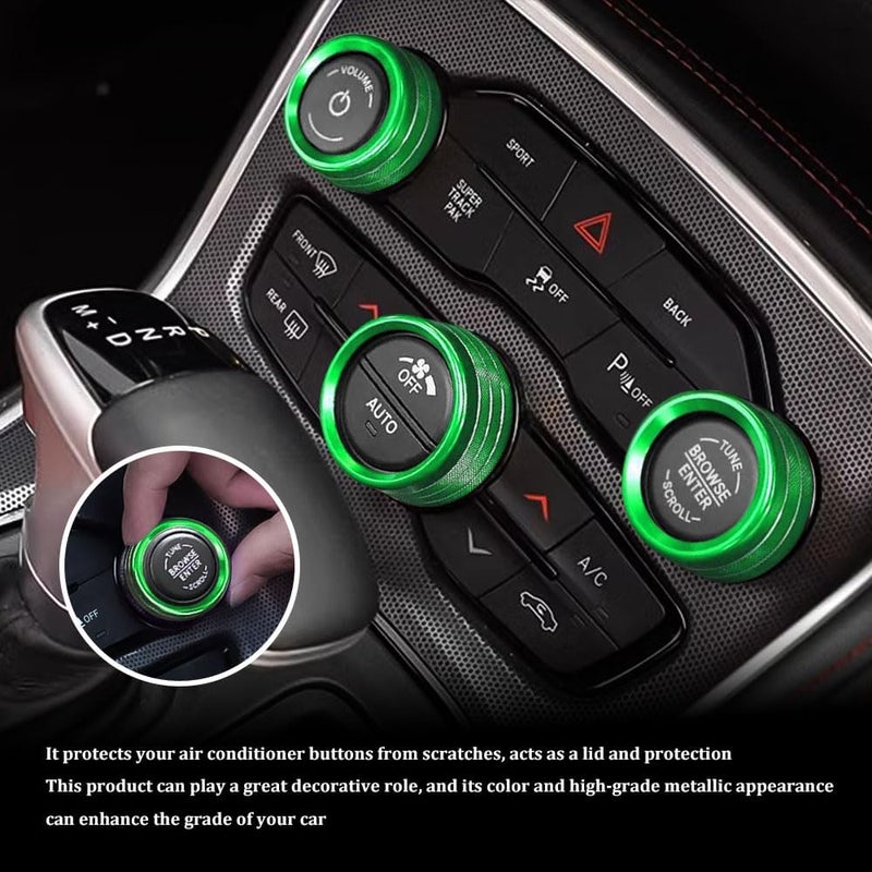 RGOAANC 3PCS Air Conditioner Switch Button Knob Cover, Aluminum Alloy Trim Cover, Air Conditioner Knob Ring, Trailer Gear Switch Knob Cover Compatible with Dodge Challenger Durango 2015-2022 (Green) - Image 3