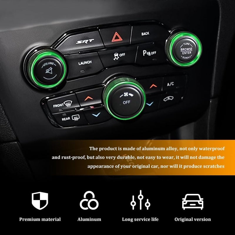 RGOAANC 3PCS Air Conditioner Switch Button Knob Cover, Aluminum Alloy Trim Cover, Air Conditioner Knob Ring, Trailer Gear Switch Knob Cover Compatible with Dodge Challenger Durango 2015-2022 (Green) - Image 4