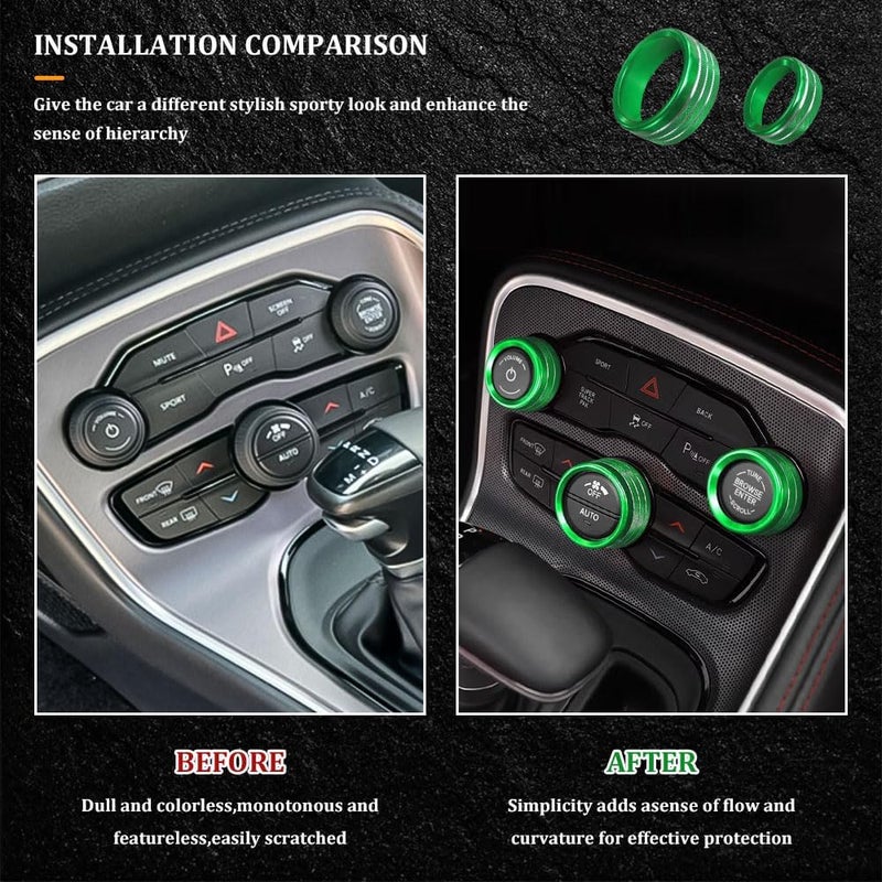 RGOAANC 3PCS Air Conditioner Switch Button Knob Cover, Aluminum Alloy Trim Cover, Air Conditioner Knob Ring, Trailer Gear Switch Knob Cover Compatible with Dodge Challenger Durango 2015-2022 (Green) - Image 5
