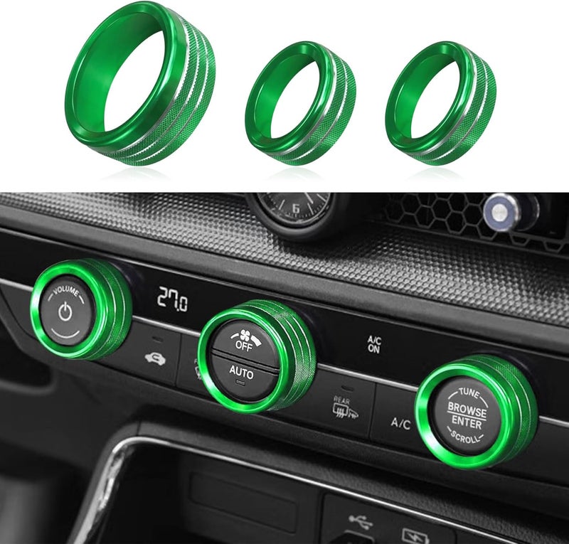 RGOAANC 3PCS Air Conditioner Switch Button Knob Cover, Aluminum Alloy Trim Cover, Air Conditioner Knob Ring, Trailer Gear Switch Knob Cover Compatible with Dodge Challenger Durango 2015-2022 (Green) - Image 1