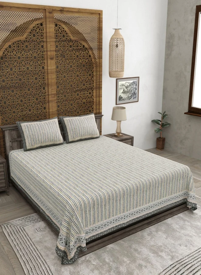 CLOTHOLOGY CLOTHOLOGY Grey Striped Pure Cotton 180 TC King Bedsheet Set