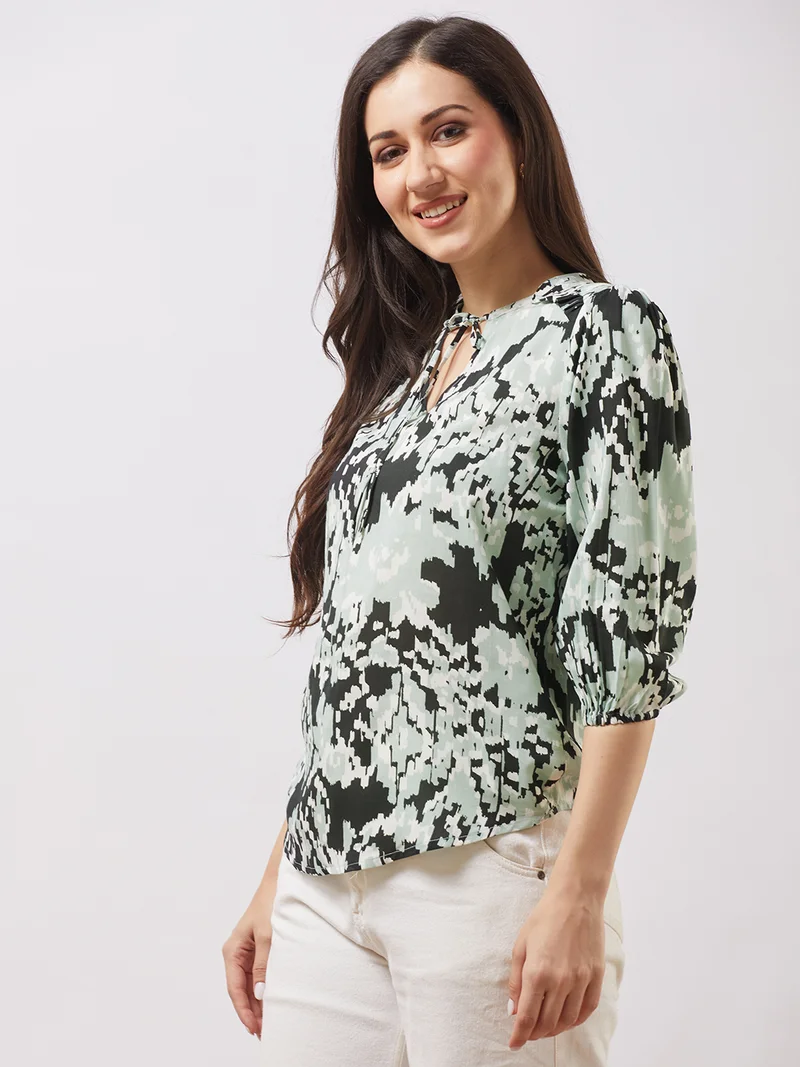 globus Women Black Tie-up V-neck Bishop Sleeves Abstract Print Top