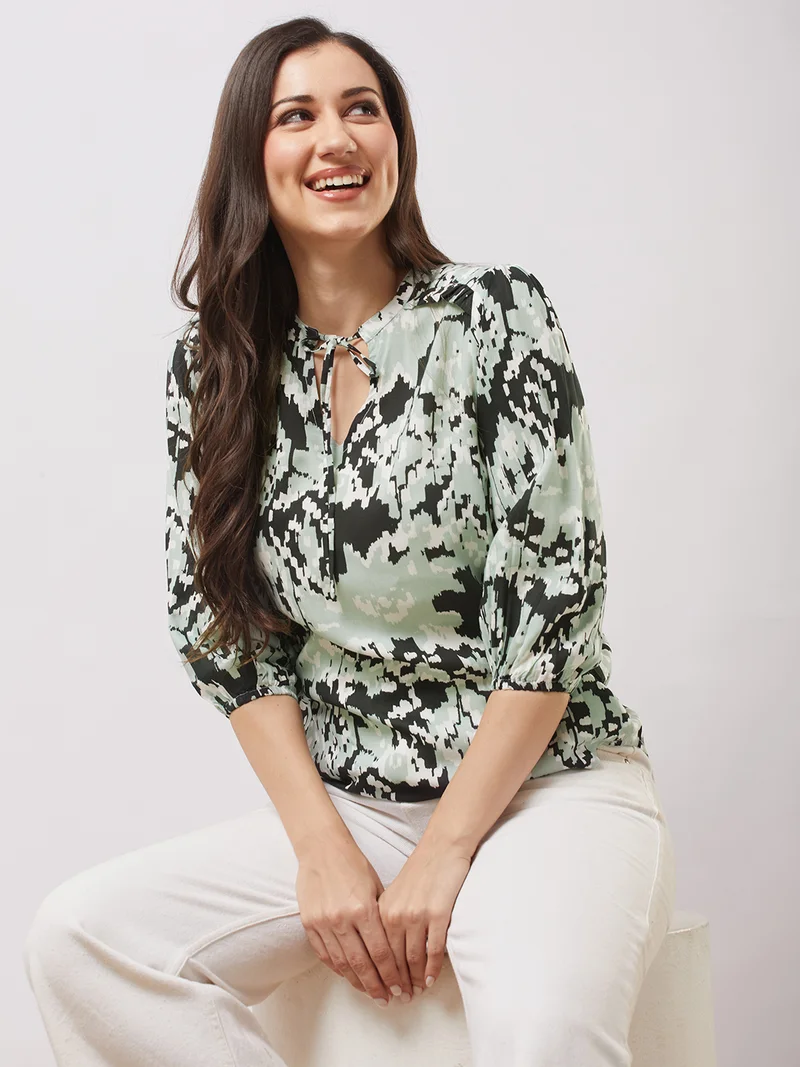 globus Women Black Tie-up V-neck Bishop Sleeves Abstract Print Top
