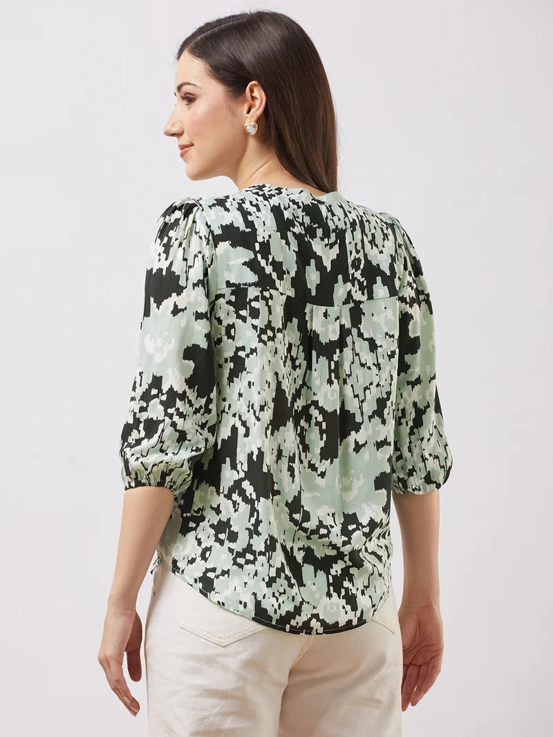 globus Women Black Tie-up V-neck Bishop Sleeves Abstract Print Top