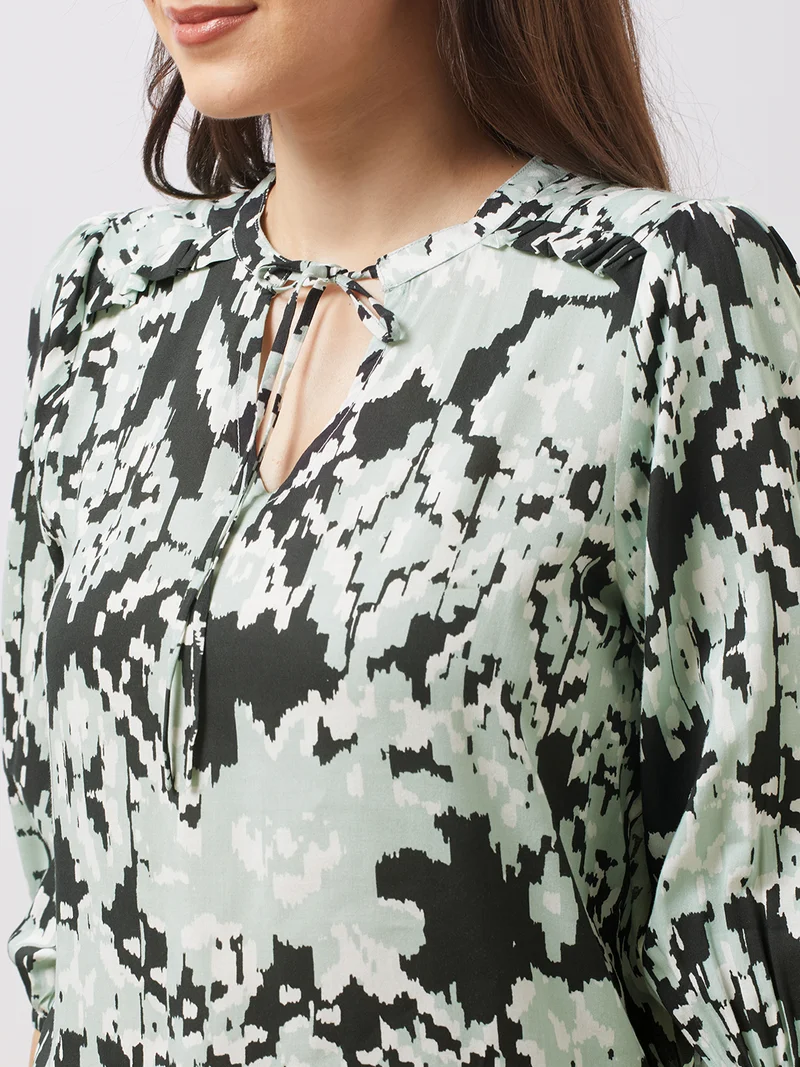 globus Women Black Tie-up V-neck Bishop Sleeves Abstract Print Top