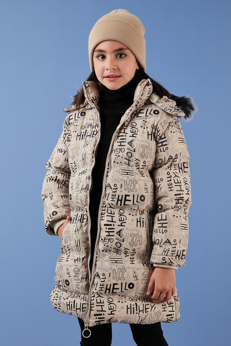 Lela Faux Fur Collar Text Printed Removable Hooded Plush Lined Winter Coat Girl's Coat 5761984  - Image 1