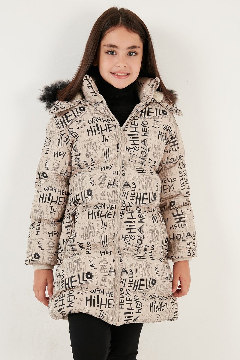 Lela Faux Fur Collar Text Printed Removable Hooded Plush Lined Winter Coat Girl's Coat 5761984  - Image 2