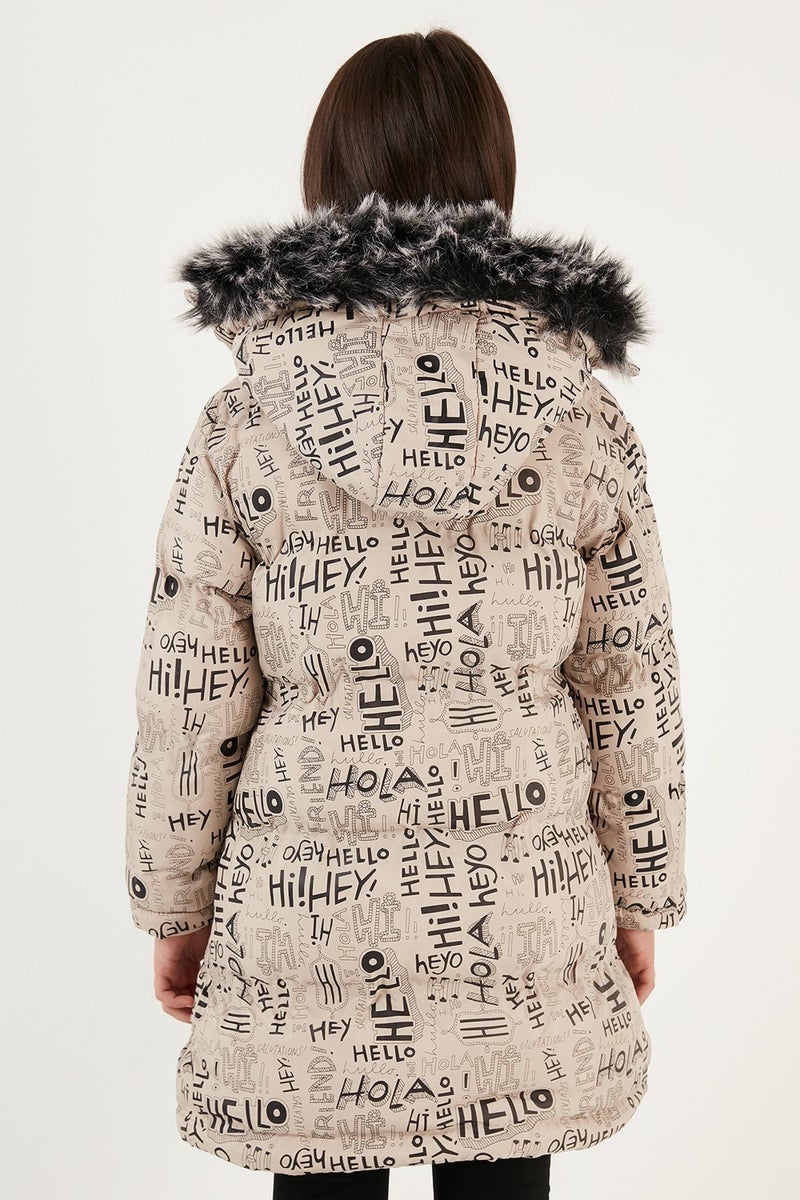 Lela Faux Fur Collar Text Printed Removable Hooded Plush Lined Winter Coat Girl's Coat 5761984  - Image 5