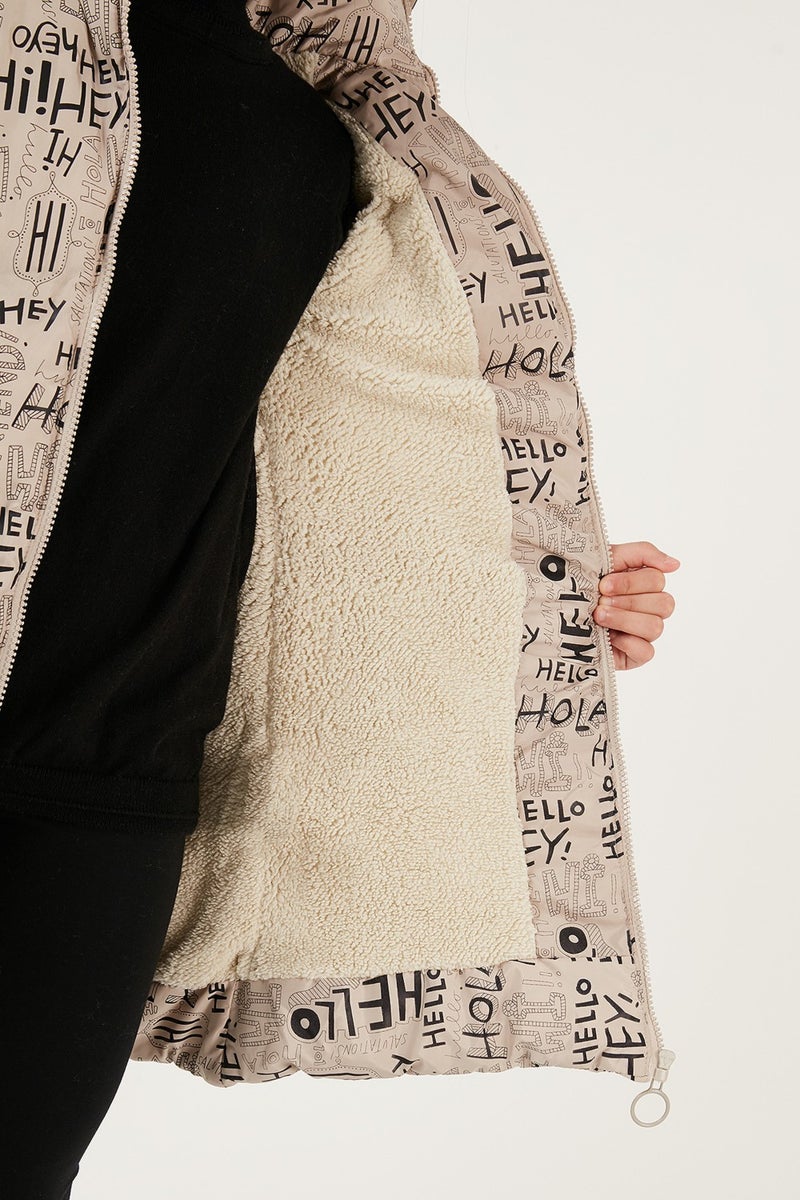 Lela Faux Fur Collar Text Printed Removable Hooded Plush Lined Winter Coat Girl's Coat 5761984  - Image 3
