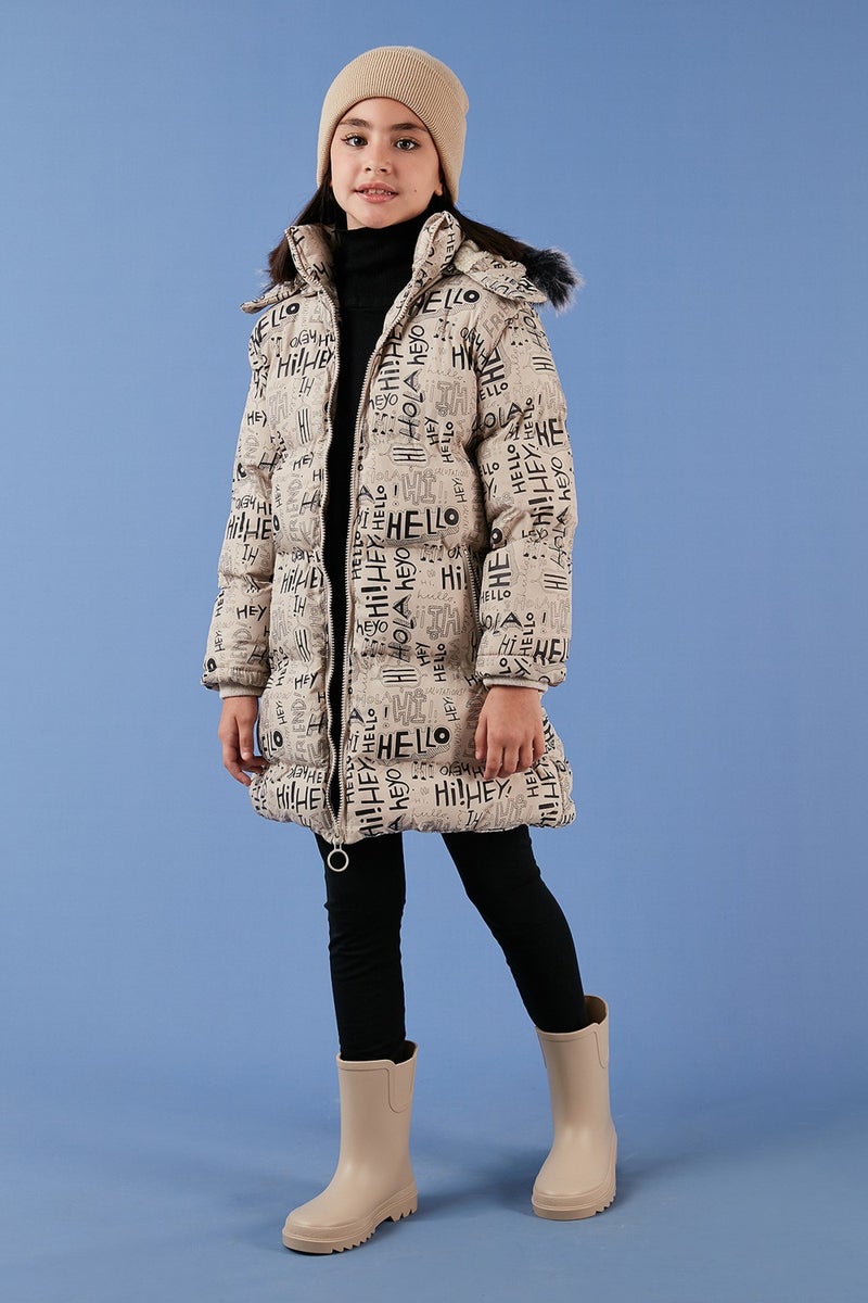 Lela Faux Fur Collar Text Printed Removable Hooded Plush Lined Winter Coat Girl's Coat 5761984  - Image 4