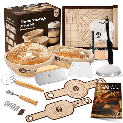ABIOTO Sourdough Starter Kit with 10" Round & 11" Oval Banneton Proofing Basket and 34oz Starter Jar - Beginner-Friendly Sourdough Bread Baking Supplies and Baking Gifts for Women, Men, and Bread Bakers - Image 1